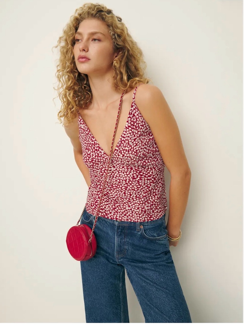 Reformation “Mickey” Red Floral V-Neck Spaghetti Strap Top